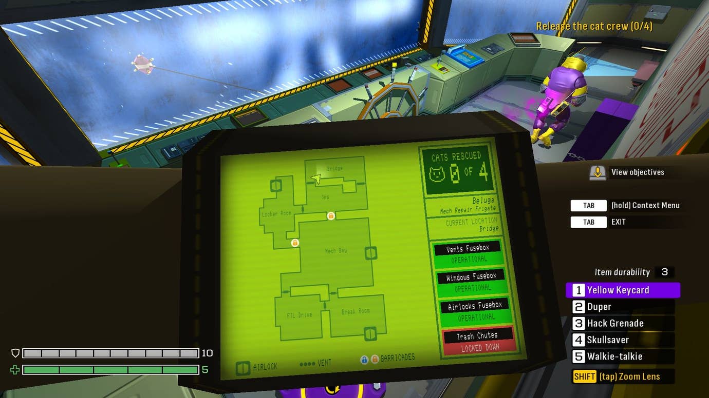 The player consults a map on their wrist computer.